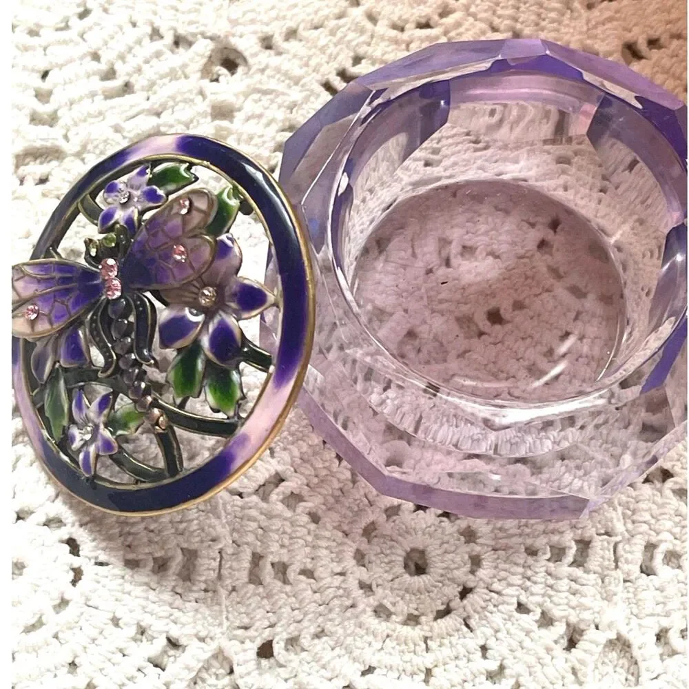 Vintage Y2K Iridescent Glass Enamel & Crystal Dragonfly Floral Purple Octagon Tr